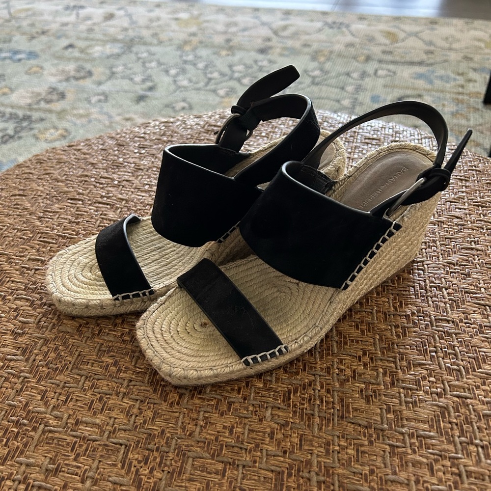Banana Republic black suede espadrilles, size 5.5M, 3” wedge heel